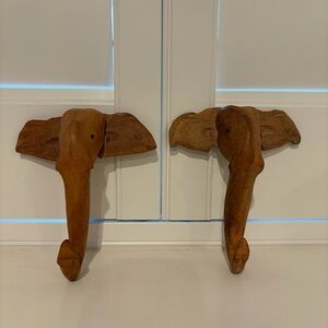 Vintage Hand Carved Wooden Elephant Head Wall Hooks